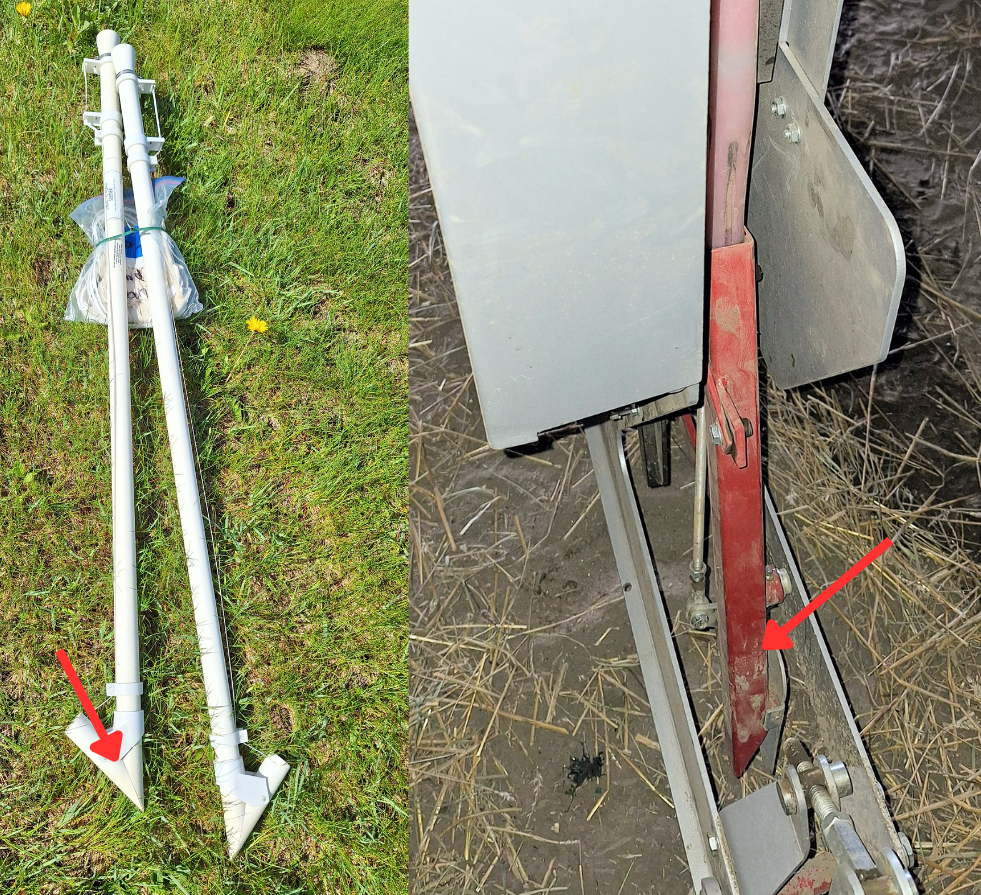 With jab planters (left), a person walks and singulates the seed, pulls a trigger to move the hole opener (see arrow) and drops the seed in. There are also mechanized pull behind units with a mini vacuum planter that singulates the seed, punches and opens a hole at a predetermined spacing (the arrow shows the hole opener) and drops the seed in